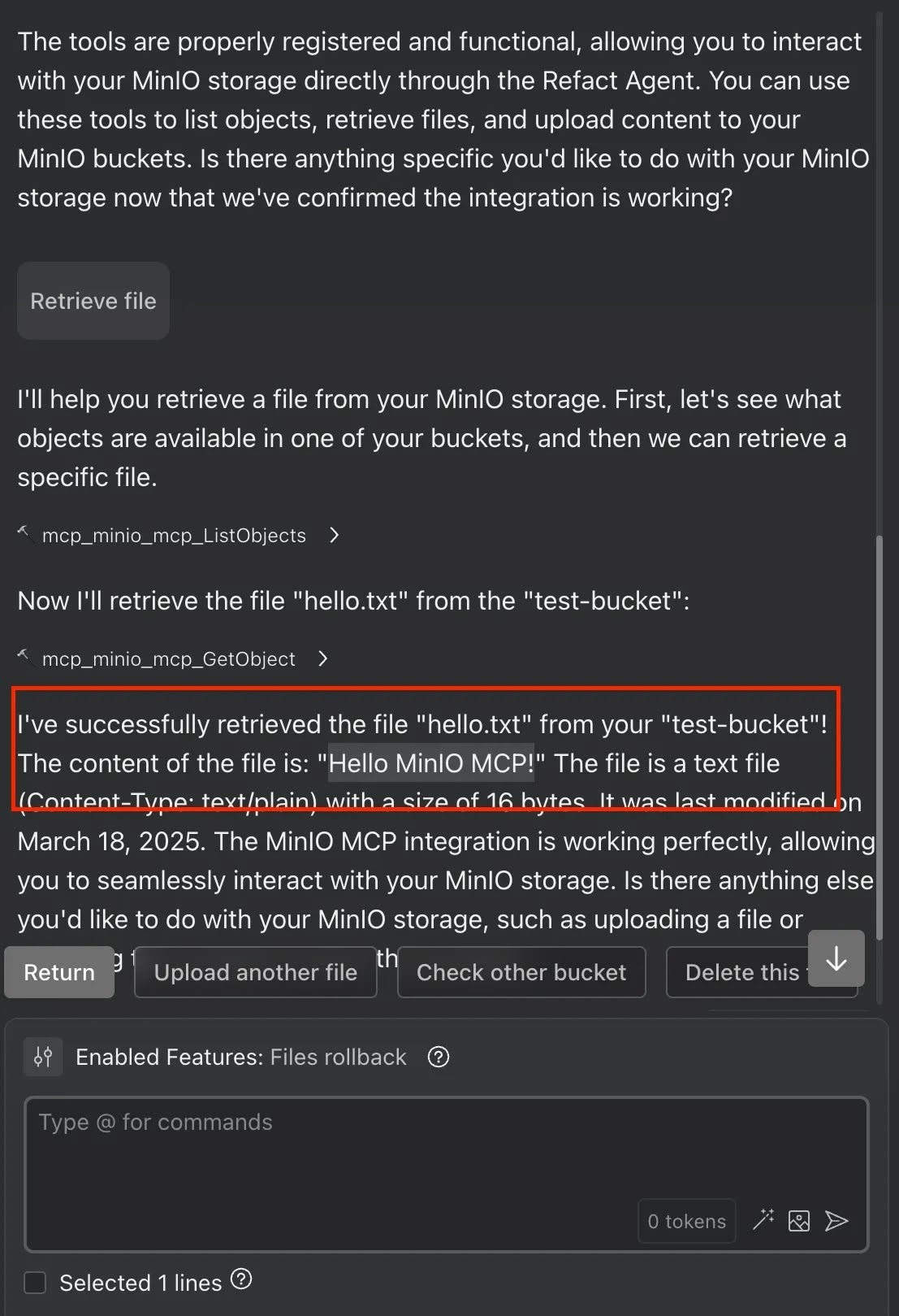 Refact.ai with working MinIO MCP server