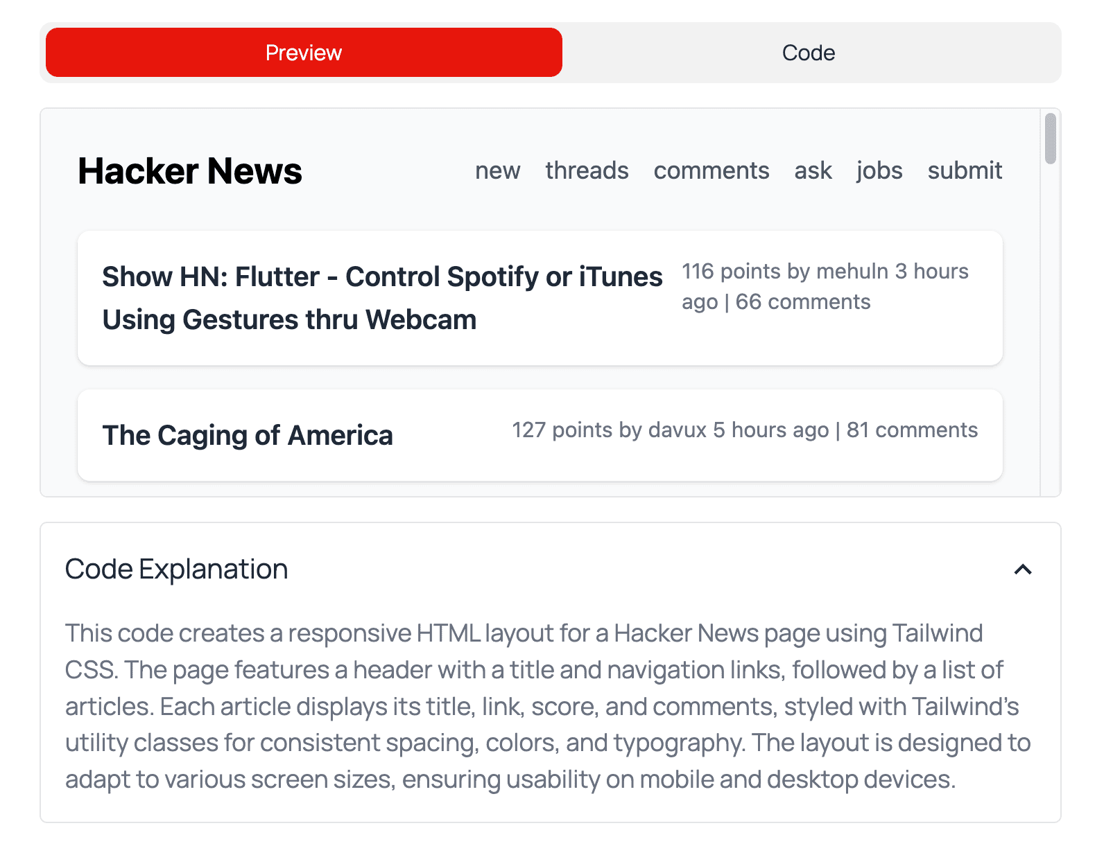 Convert this Hacker News page into a responsive HTML layout using Tailwind CSS